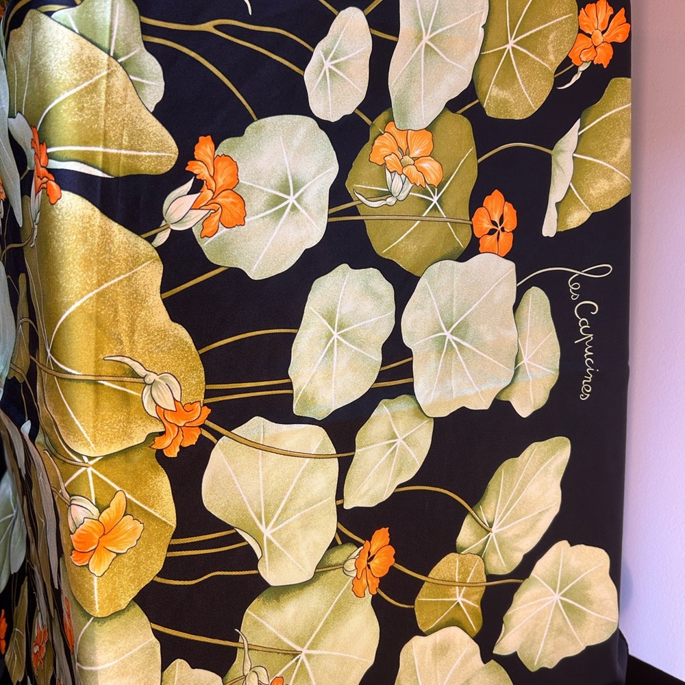 Hermes Les Capucines silk scarf.  90cm, square black/green multicolor